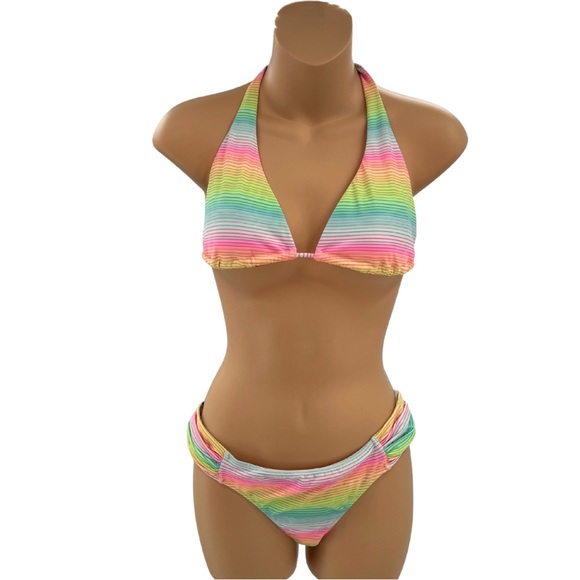 Victoria’s Secret colorful striped two piece swimsuit bikini triangle tie medium - Picture 1 of 10